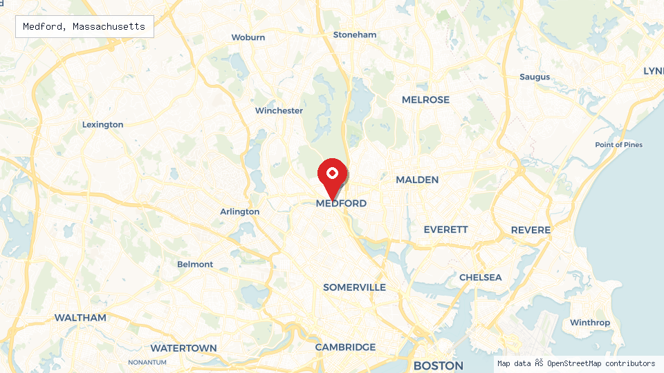Street map of Medford, Massachusetts with location pin