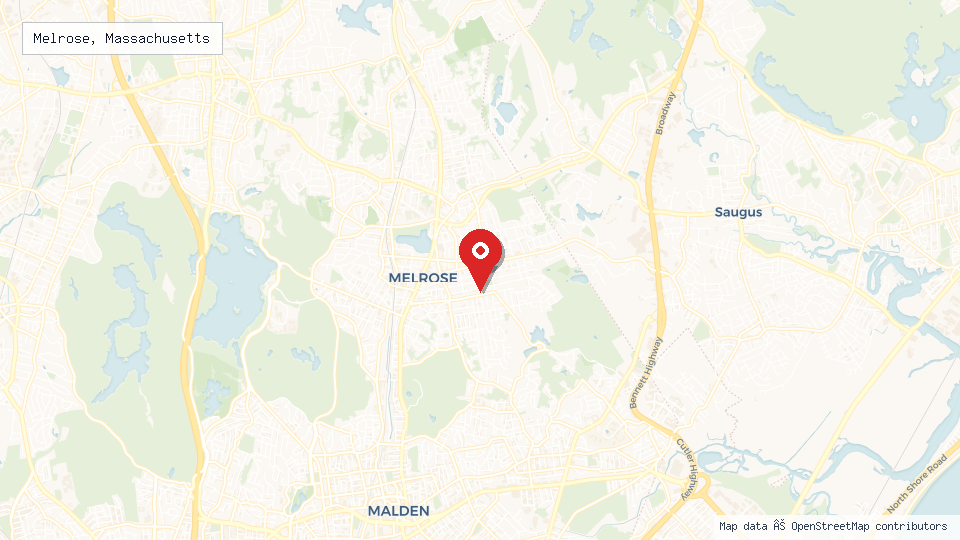 Street map of Melrose, Massachusetts with location pin