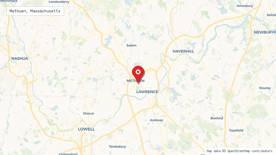 Street map of Methuen, Massachusetts with location pin