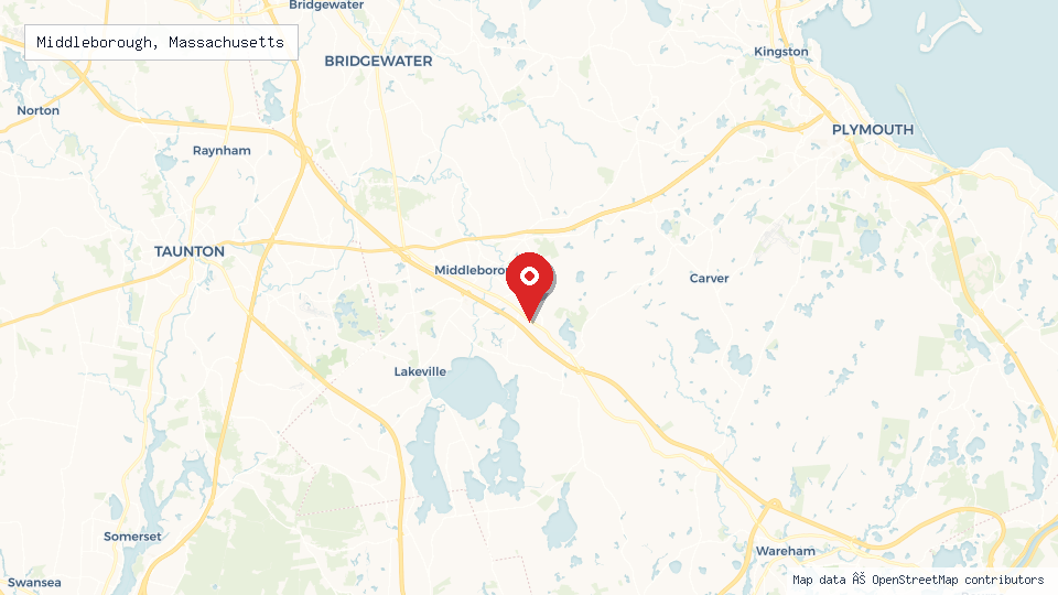 Street map of Middleborough, Massachusetts with location pin