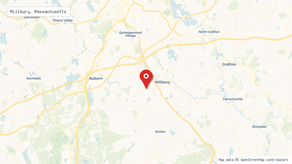 Street map of Millbury, Massachusetts with location pin