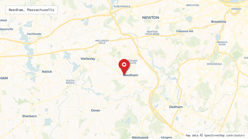 Street map of Needham, Massachusetts with location pin