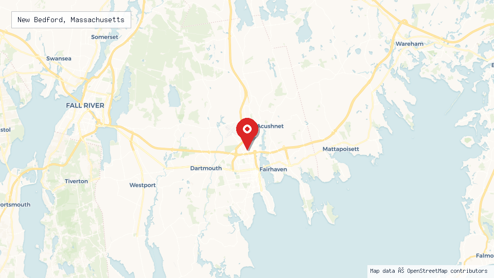 Street map of New Bedford, Massachusetts with location pin