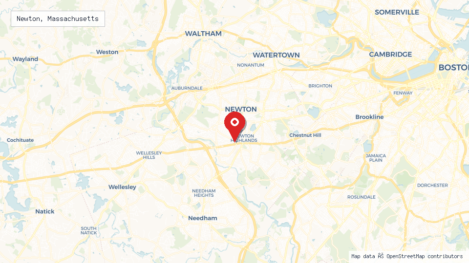 Street map of Newton, Massachusetts with location pin