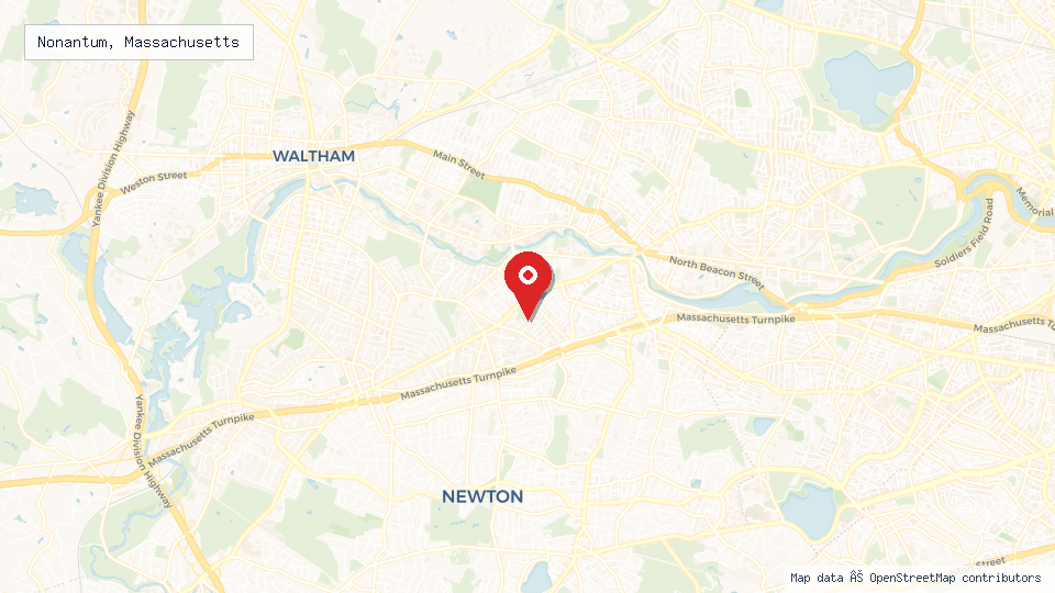 Street map of Nonantum, Massachusetts with location pin