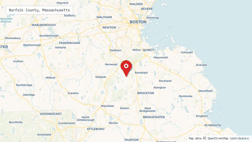 Street map of Norfolk County, Massachusetts with location pin
