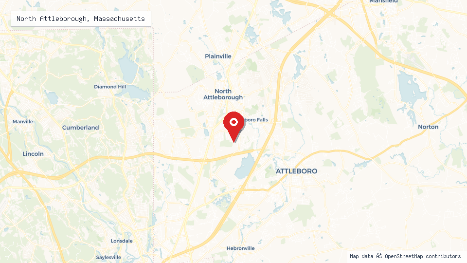 Street map of North Attleborough, Massachusetts with location pin