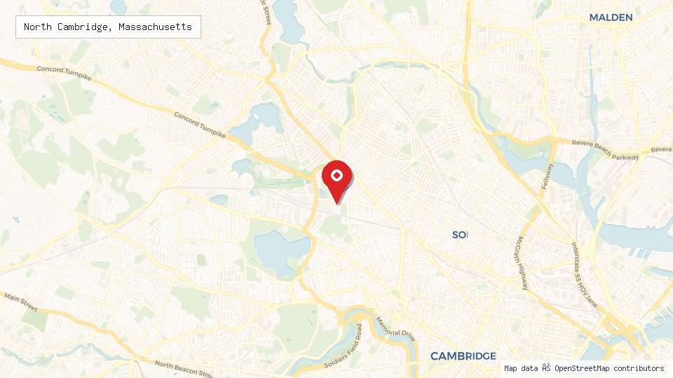 Street map of North Cambridge, Massachusetts with location pin