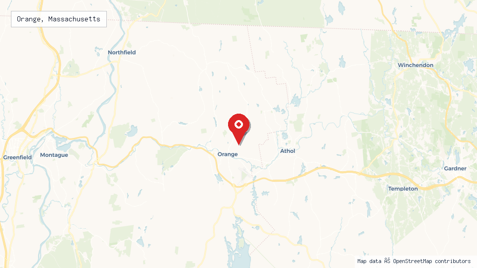 Street map of Orange, Massachusetts with location pin