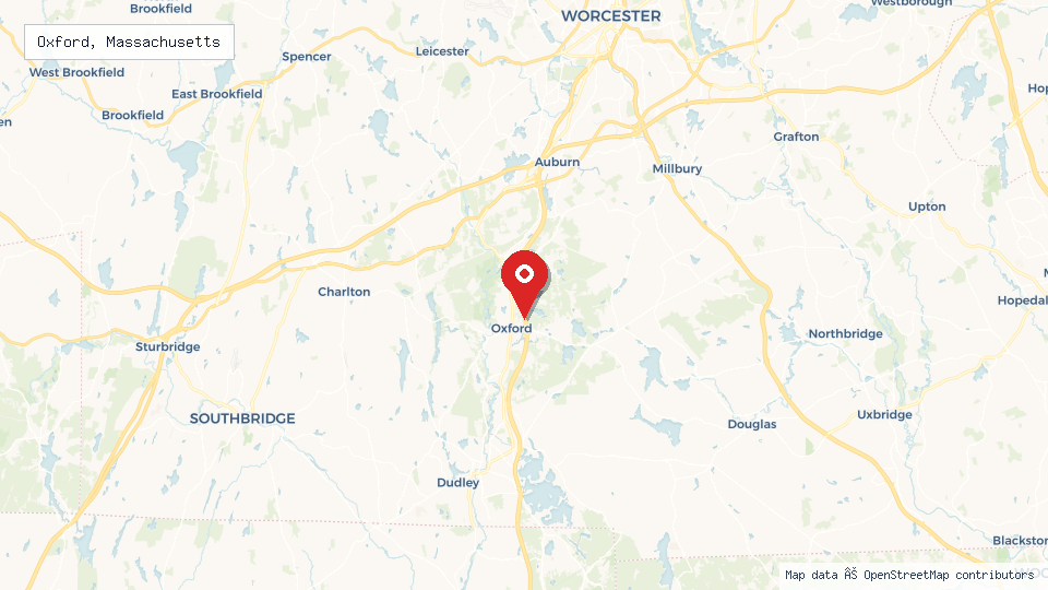 Street map of Oxford, Massachusetts with location pin