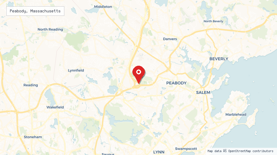 Street map of Peabody, Massachusetts with location pin