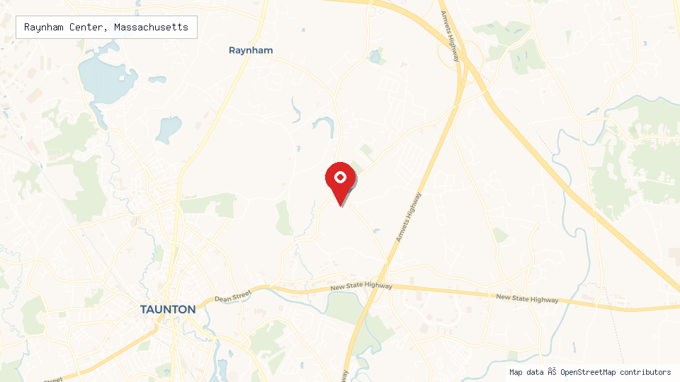 Street map of Raynham Center, Massachusetts with location pin