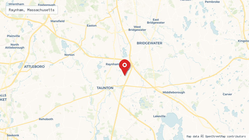 Street map of Raynham, Massachusetts with location pin