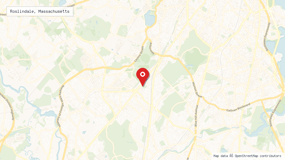 Street map of Roslindale, Massachusetts with location pin