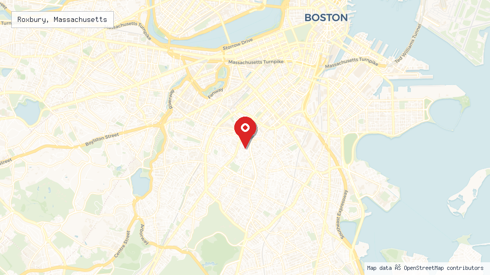 Street map of Roxbury, Massachusetts with location pin
