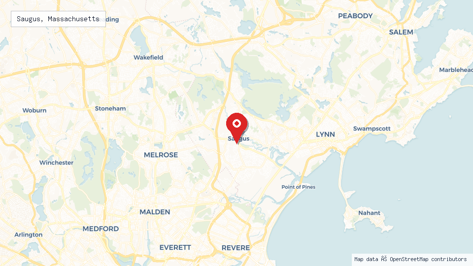 Street map of Saugus, Massachusetts with location pin