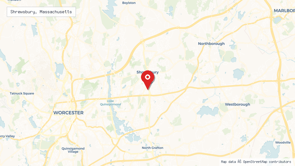 Street map of Shrewsbury, Massachusetts with location pin