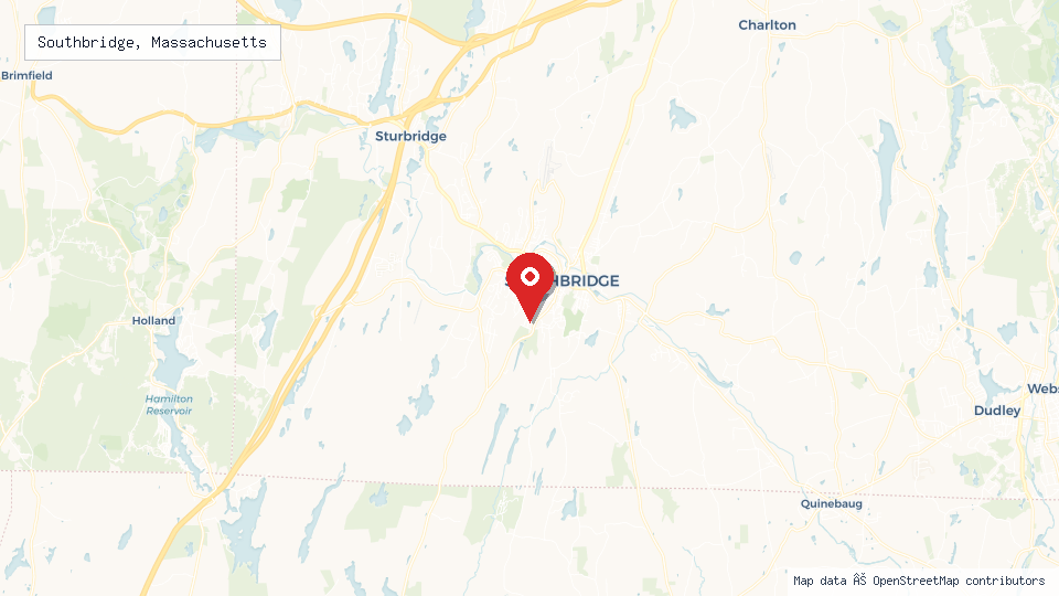 Street map of Southbridge, Massachusetts with location pin