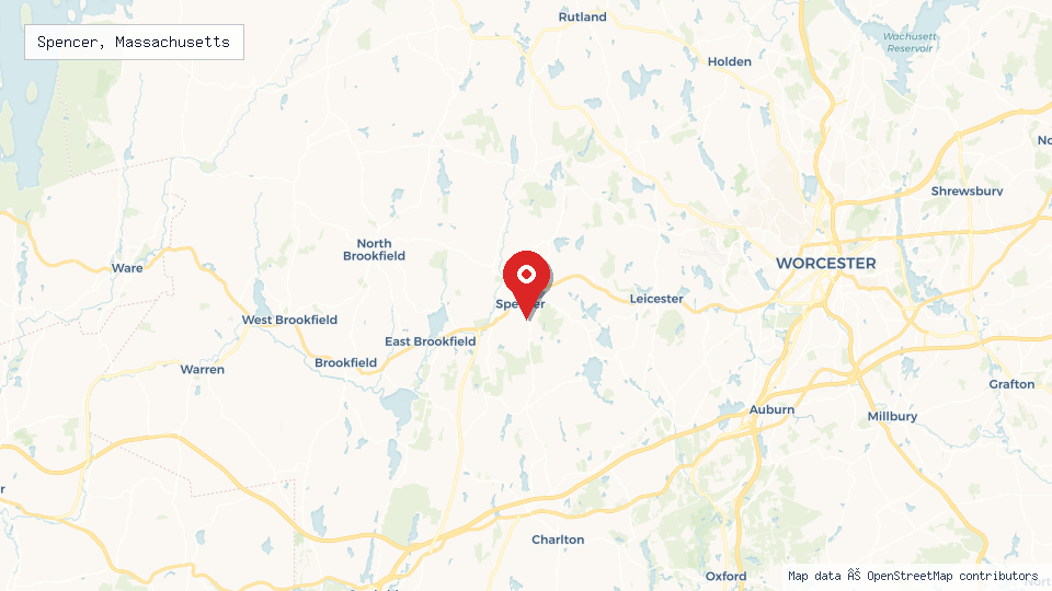 Street map of Spencer, Massachusetts with location pin