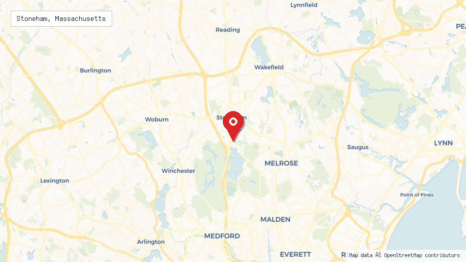 Street map of Stoneham, Massachusetts with location pin
