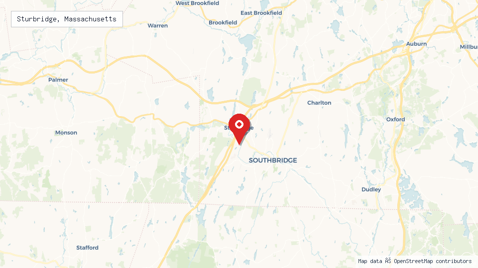 Street map of Sturbridge, Massachusetts with location pin
