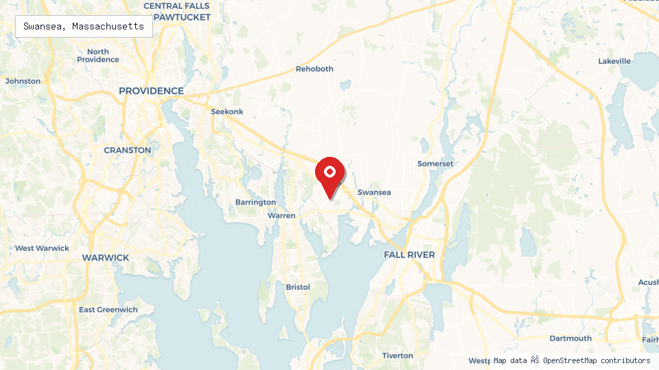 Street map of Swansea, Massachusetts with location pin