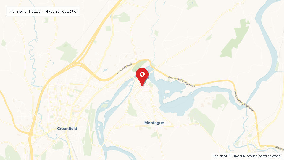 Street map of Turners Falls, Massachusetts with location pin