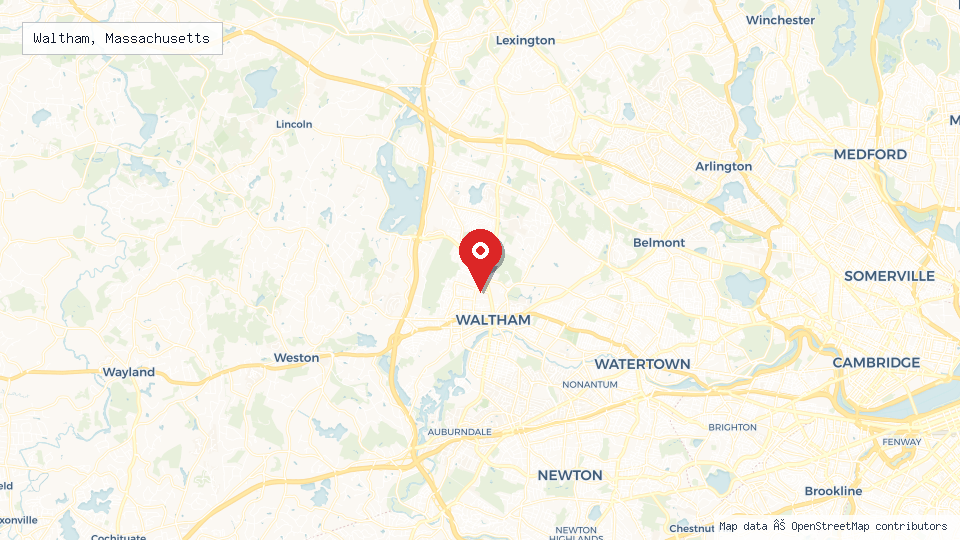 Street map of Waltham, Massachusetts with location pin