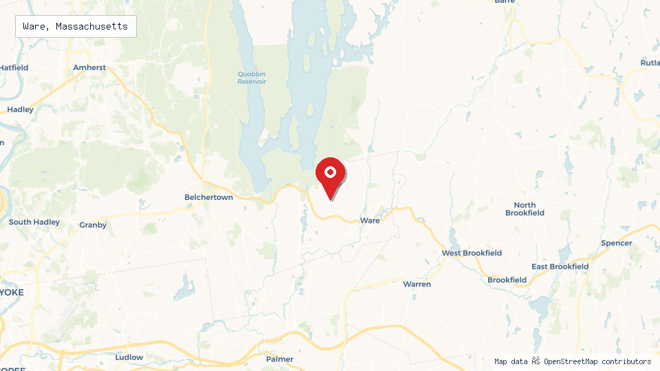Street map of Ware, Massachusetts with location pin