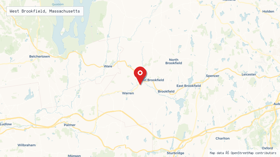 Street map of West Brookfield, Massachusetts with location pin