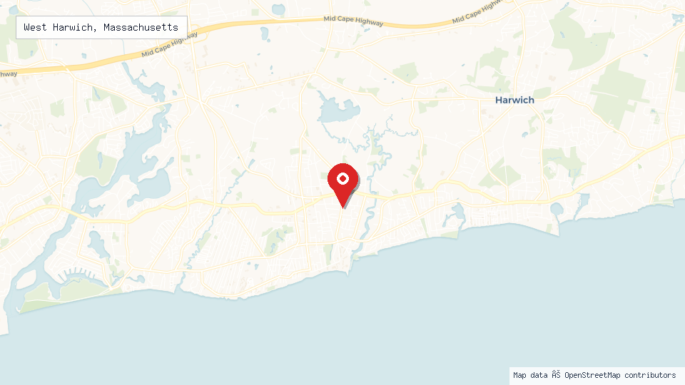 Street map of West Harwich, Massachusetts with location pin