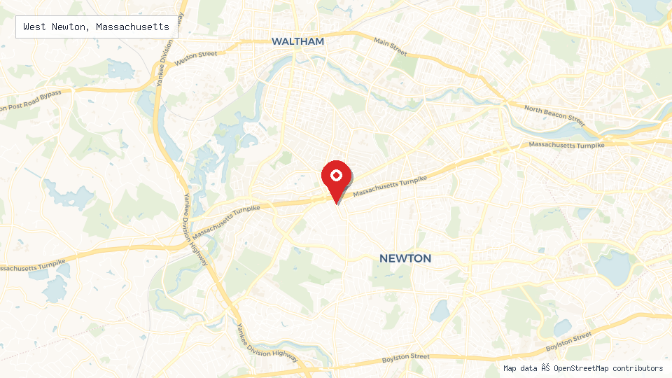 Street map of West Newton, Massachusetts with location pin
