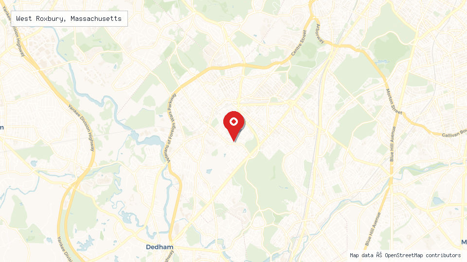 Street map of West Roxbury, Massachusetts with location pin
