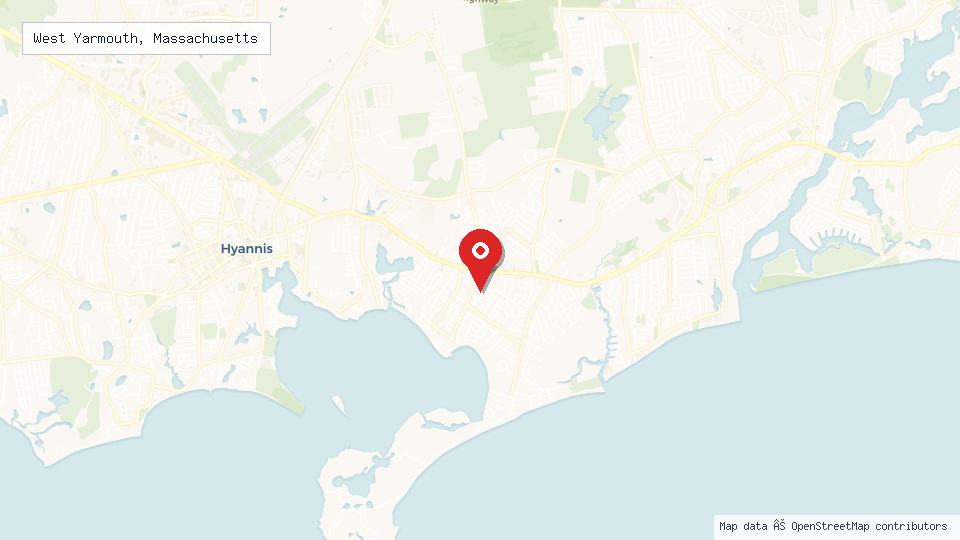 Street map of West Yarmouth, Massachusetts with location pin