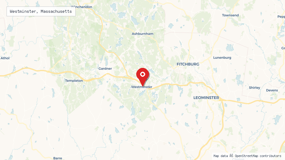 Street map of Westminster, Massachusetts with location pin