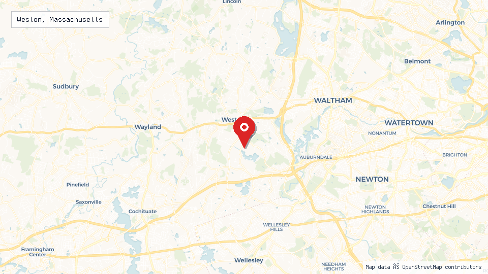 Street map of Weston, Massachusetts with location pin