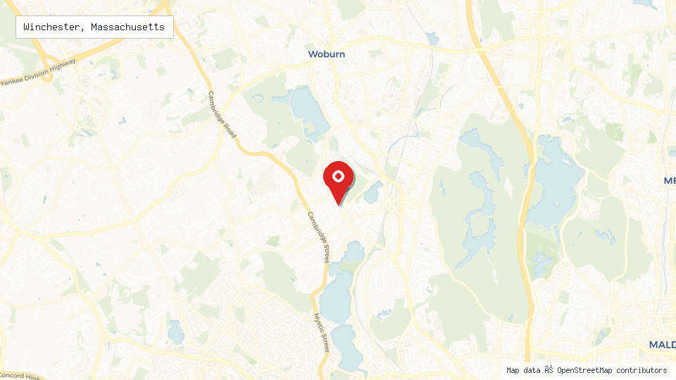 Street map of Winchester, Massachusetts with location pin