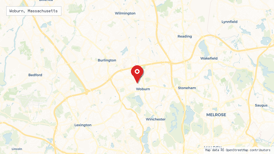 Street map of Woburn, Massachusetts with location pin