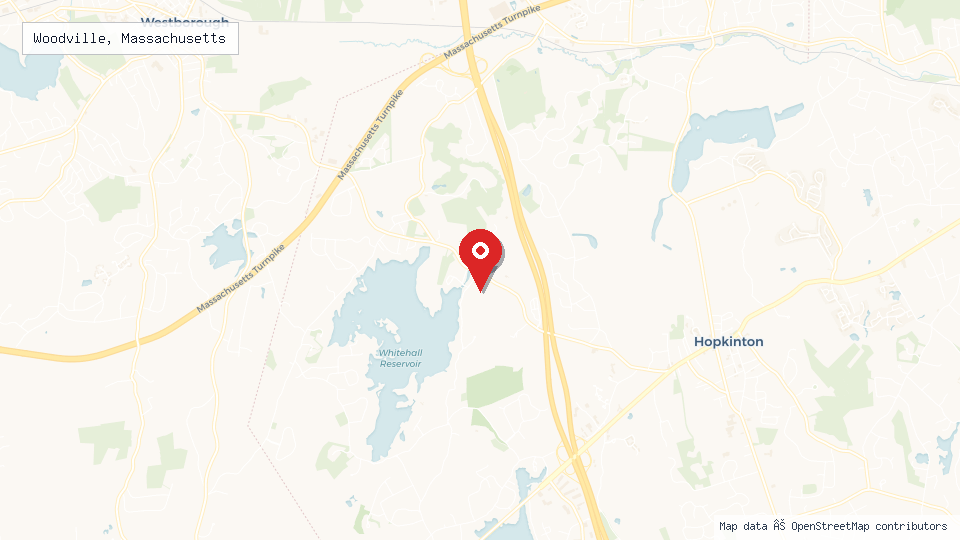 Street map of Woodville, Massachusetts with location pin
