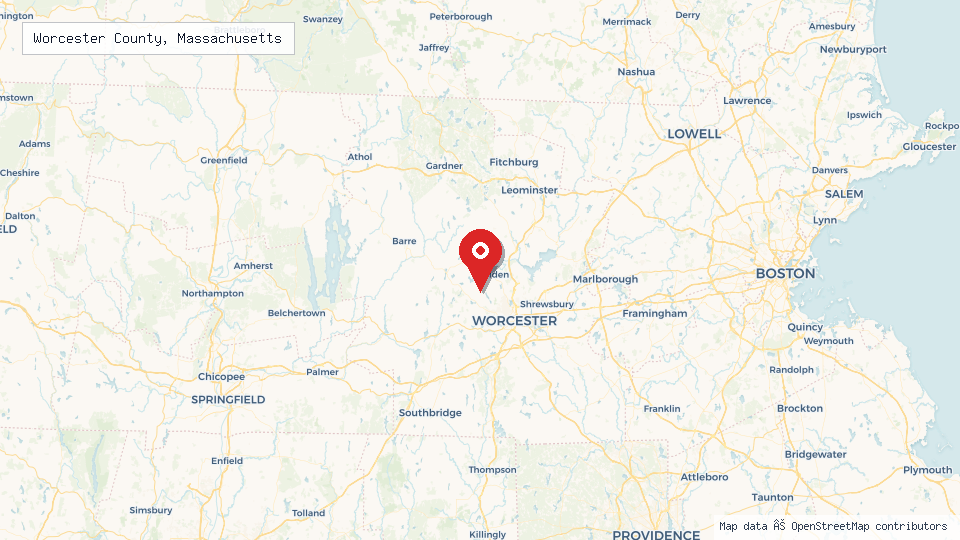 Street map of Worcester County, Massachusetts with location pin