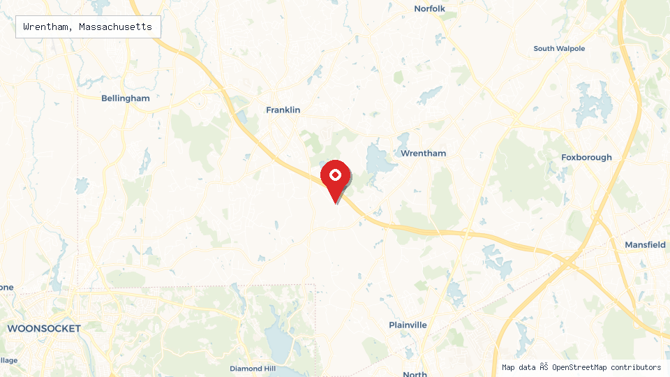 Street map of Wrentham, Massachusetts with location pin