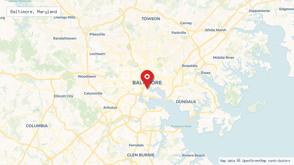 Street map of Baltimore, Maryland with location pin
