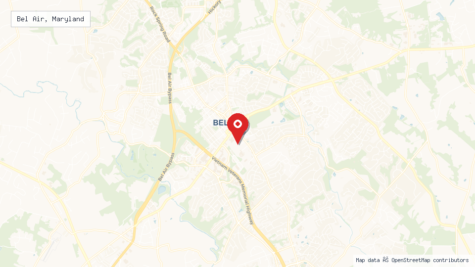 Street map of Bel Air, Maryland with location pin