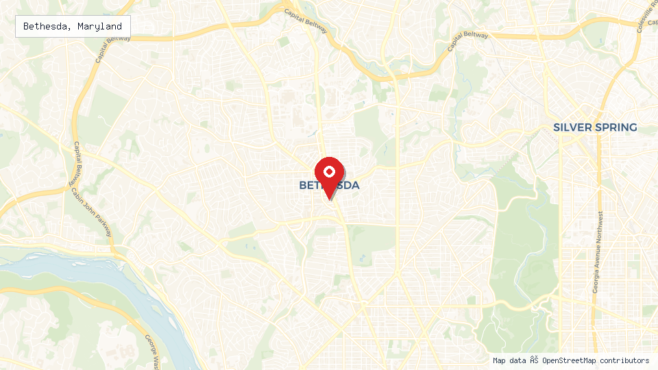 Street map of Bethesda, Maryland with location pin