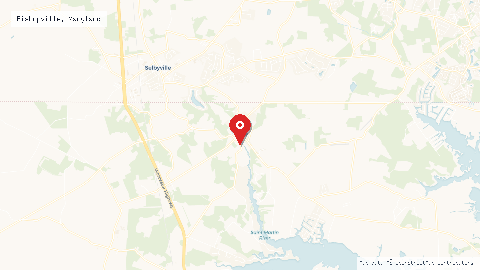 Street map of Bishopville, Maryland with location pin