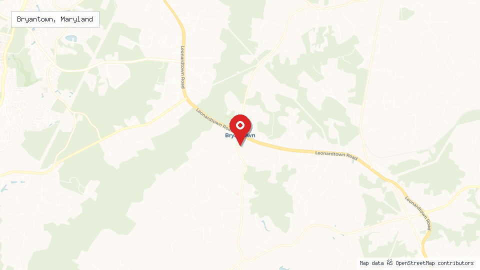 Street map of Bryantown, Maryland with location pin