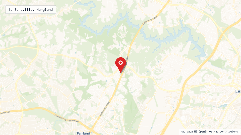 Street map of Burtonsville, Maryland with location pin
