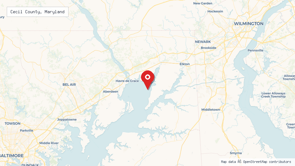 Street map of Cecil County, Maryland with location pin