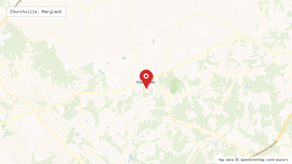 Street map of Churchville, Maryland with location pin