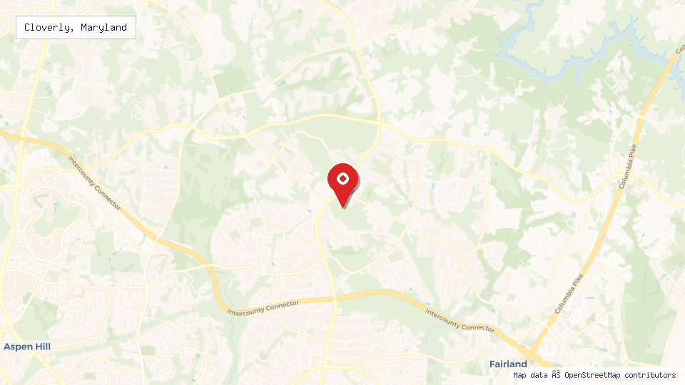 Street map of Cloverly, Maryland with location pin